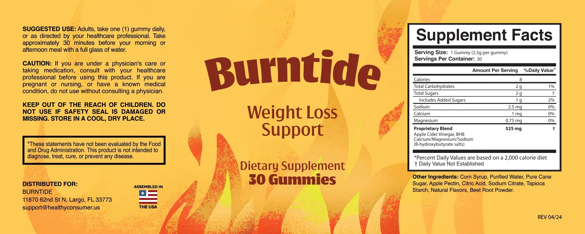 BurnTide supplement facts label